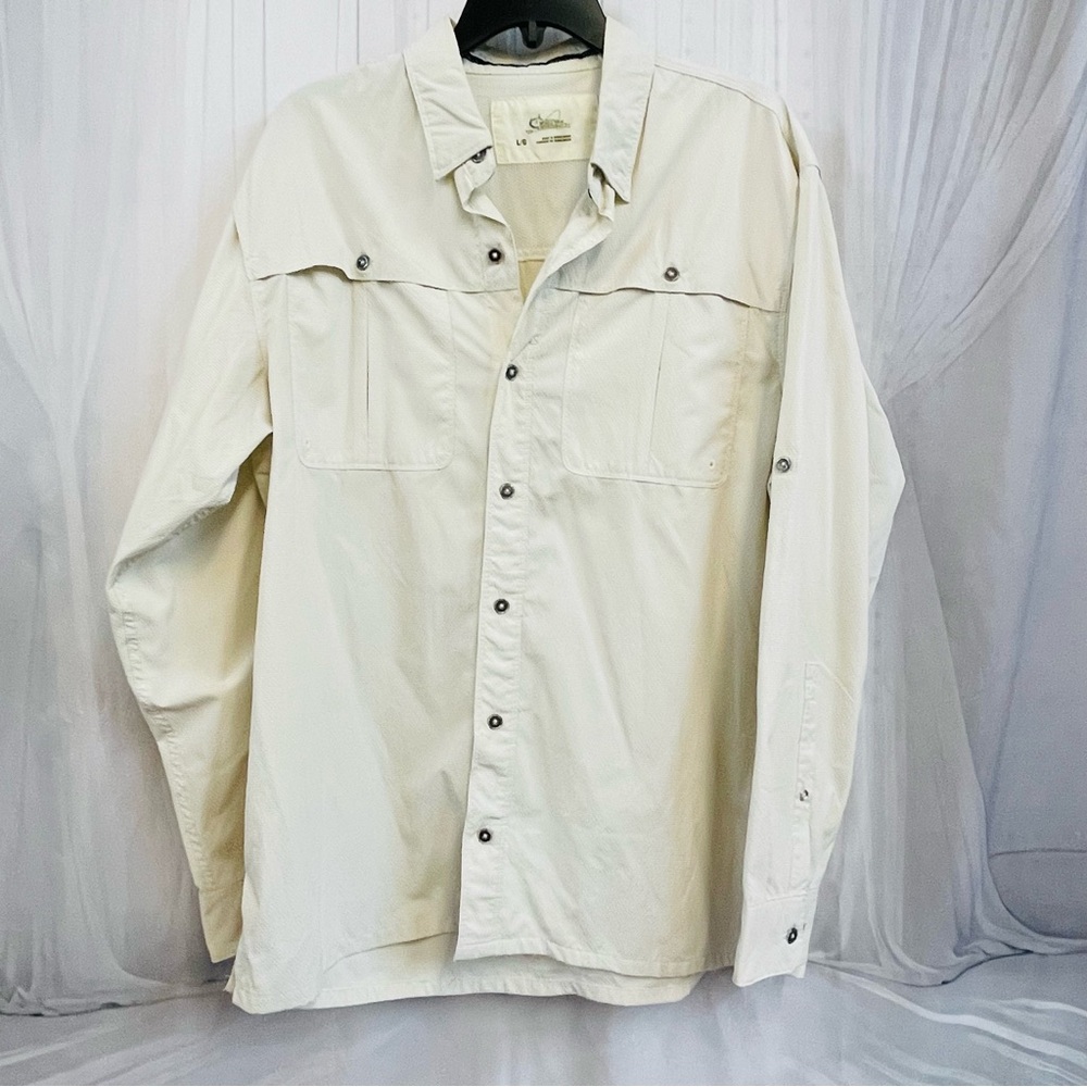 World Wide Sportsman Light Tan Button-Up Shirt Fishing Angler Bass Pro Shop L